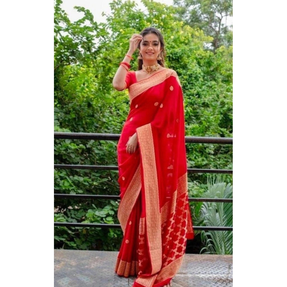 Snuggle Spot Women's Litchi silk Printed Saree With Unstitched Blouse (Red)