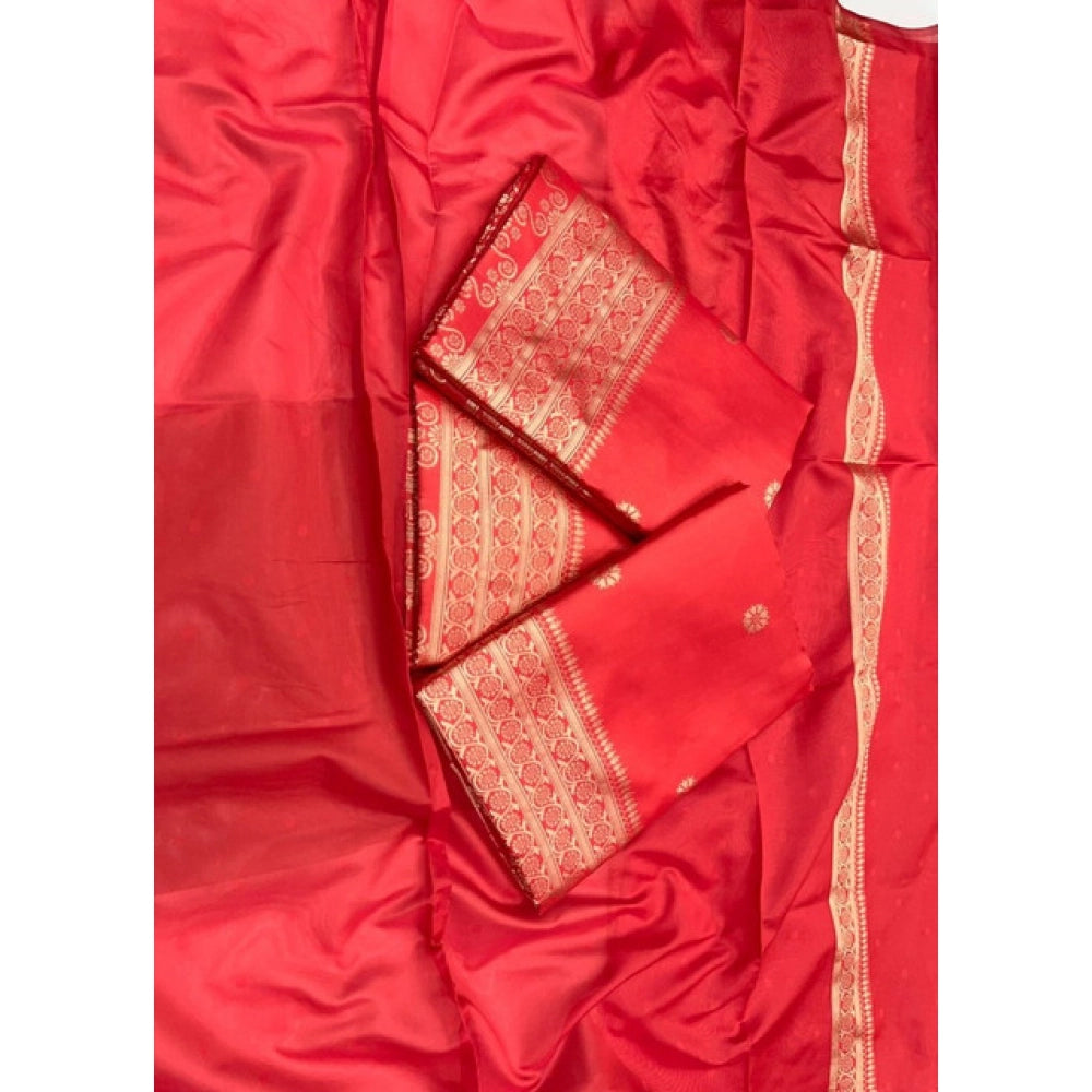 Snuggle Spot Women's Litchi silk Printed Saree With Unstitched Blouse (Red)