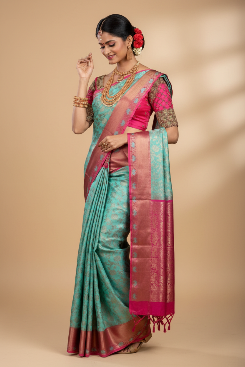 Snuggle Spot Women's Litchi silk Printed Saree With Unstitched Blouse (Turquise Blue)
