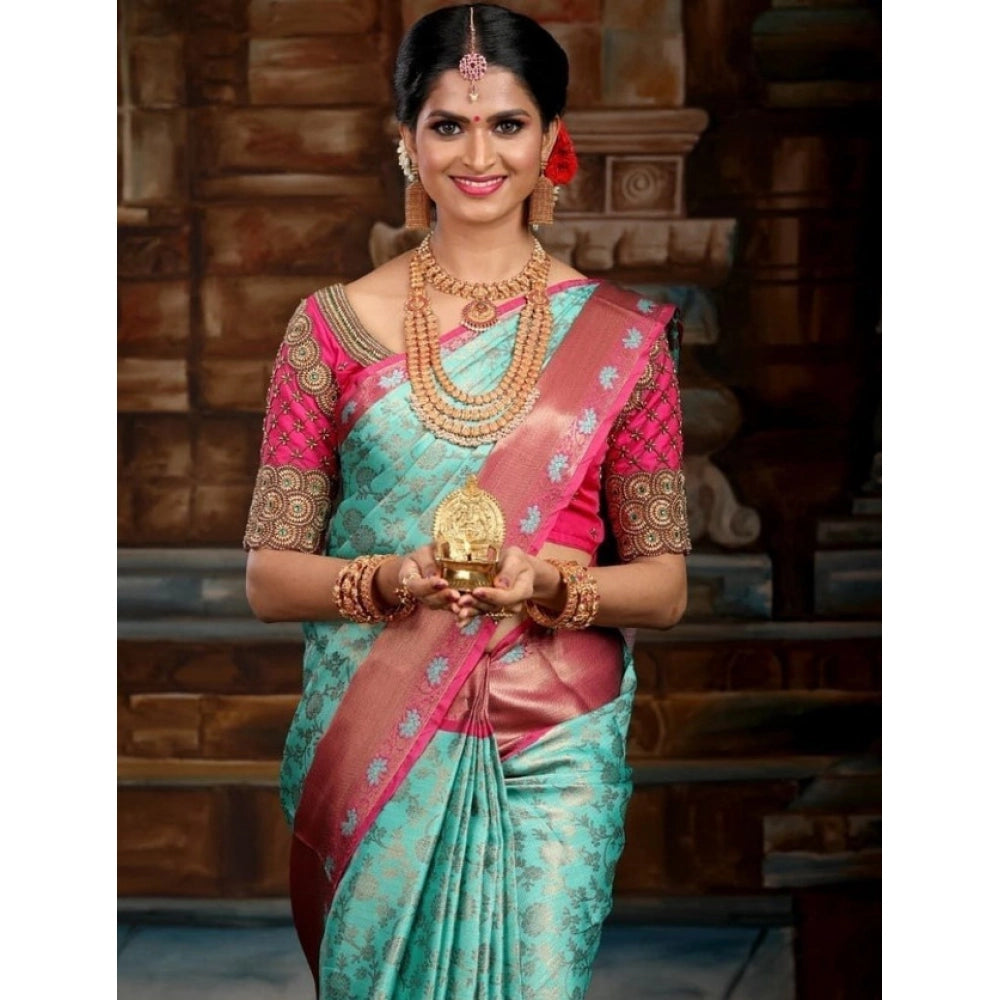 Snuggle Spot Women's Litchi silk Printed Saree With Unstitched Blouse (Turquise Blue)