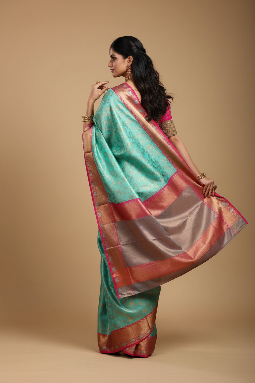 Snuggle Spot Women's Litchi silk Printed Saree With Unstitched Blouse (Turquise Blue)