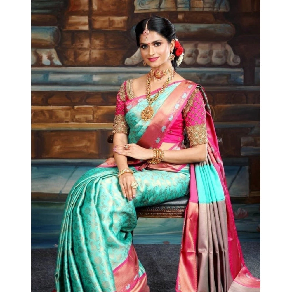 Snuggle Spot Women's Litchi silk Printed Saree With Unstitched Blouse (Turquise Blue)