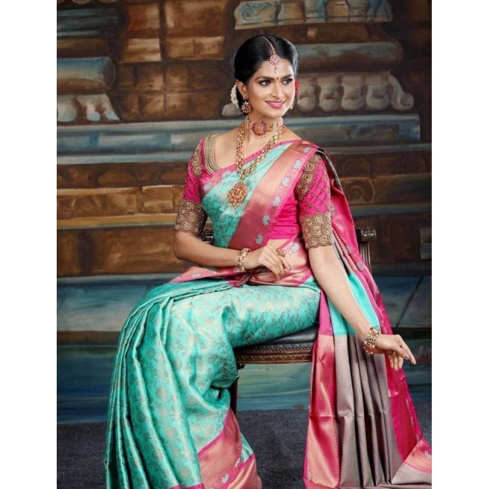 Snuggle Spot Women's Litchi silk Printed Saree With Unstitched Blouse (Turquise Blue)