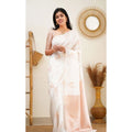 Snuggle Spot Women's Litchi silk Printed Saree With Unstitched Blouse (White)