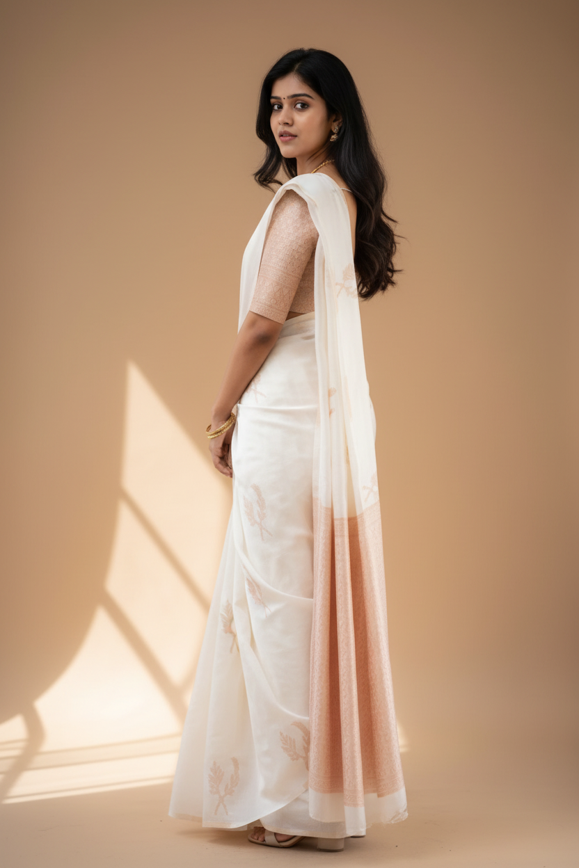 Snuggle Spot Women's Litchi silk Printed Saree With Unstitched Blouse (White)