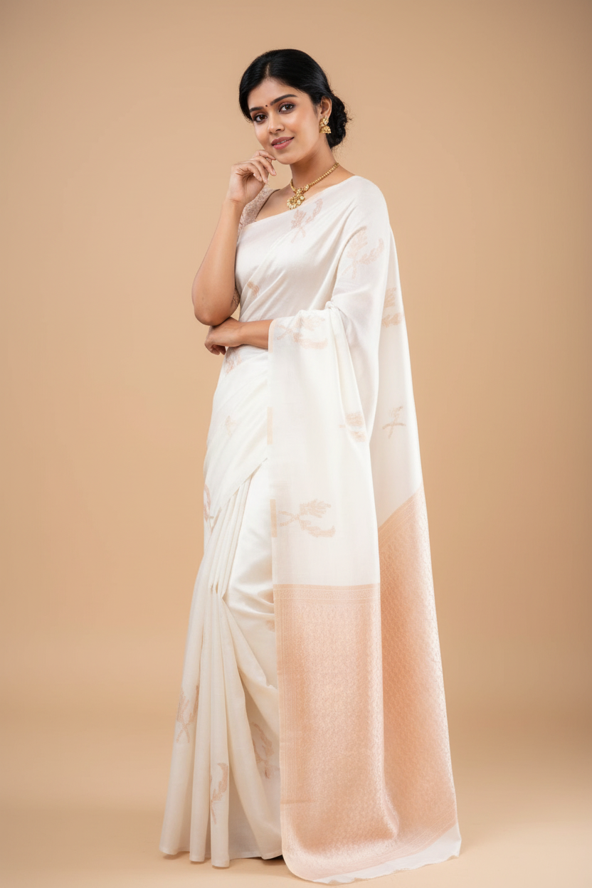 Snuggle Spot Women's Litchi silk Printed Saree With Unstitched Blouse (White)