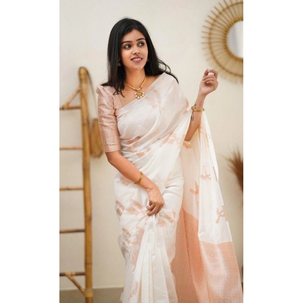 Snuggle Spot Women's Litchi silk Printed Saree With Unstitched Blouse (White)