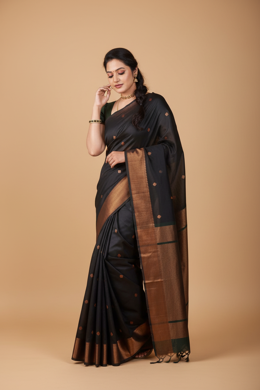 Snuggle Spot Women's Litchi silk Printed Saree With Unstitched Blouse (Black)