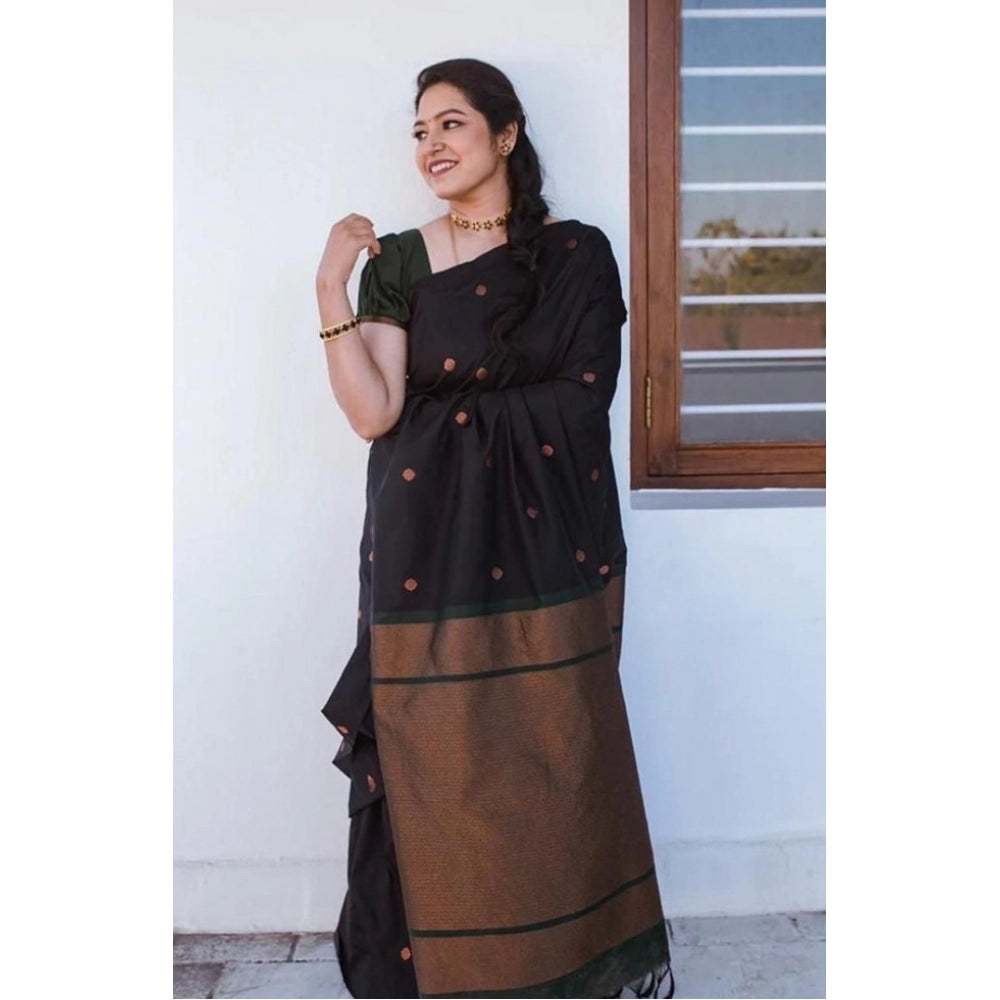 Snuggle Spot Women's Litchi silk Printed Saree With Unstitched Blouse (Black)