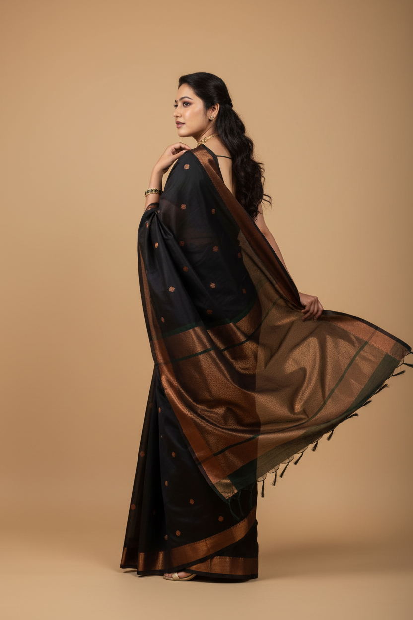 Snuggle Spot Women's Litchi silk Printed Saree With Unstitched Blouse (Black)