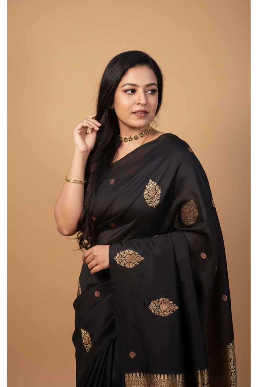 Snuggle Spot Women's Litchi silk Printed Saree With Unstitched Blouse (Black)