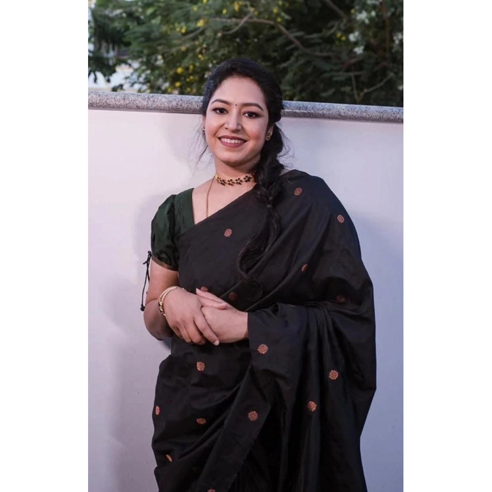 Snuggle Spot Women's Litchi silk Printed Saree With Unstitched Blouse (Black)