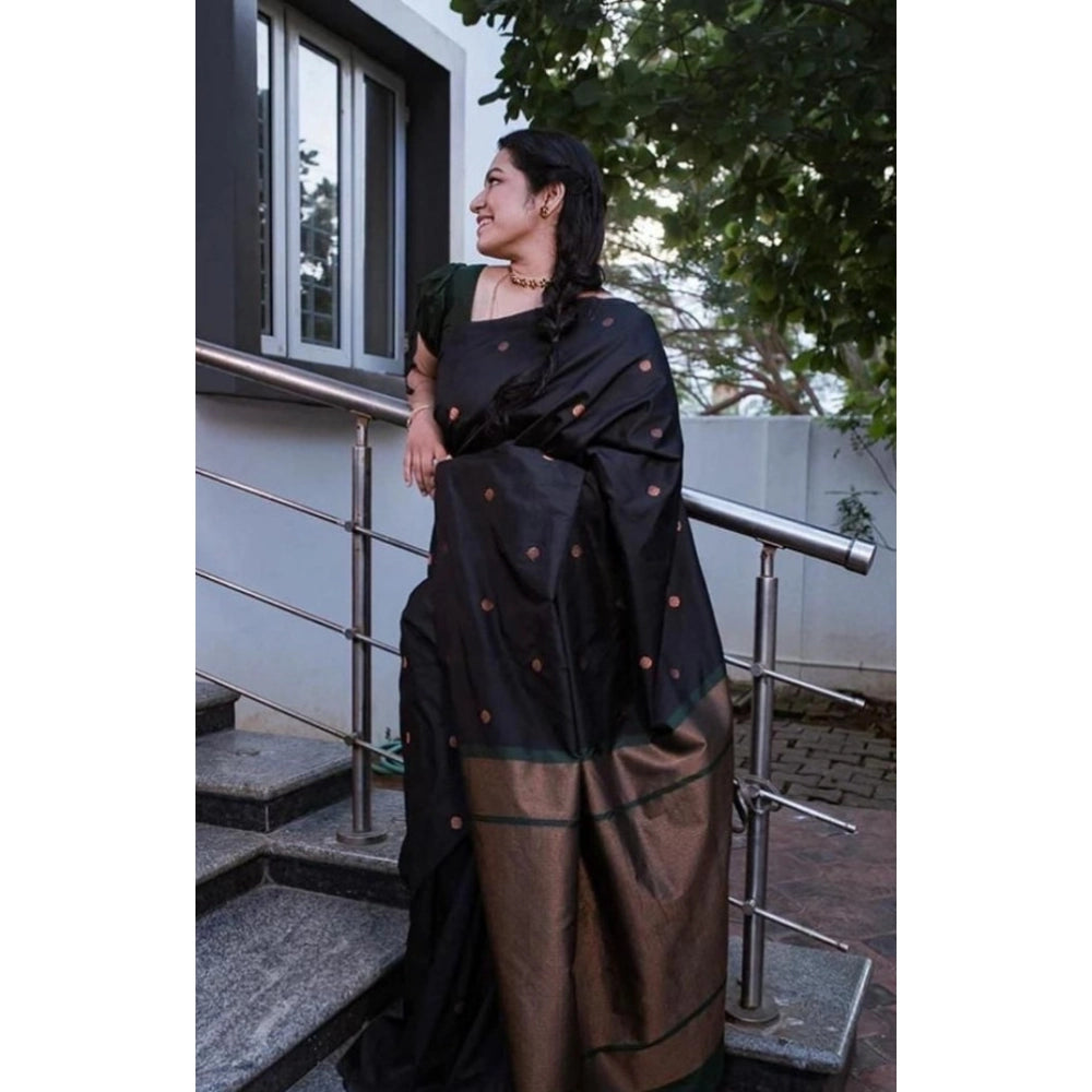 Snuggle Spot Women's Litchi silk Printed Saree With Unstitched Blouse (Black)
