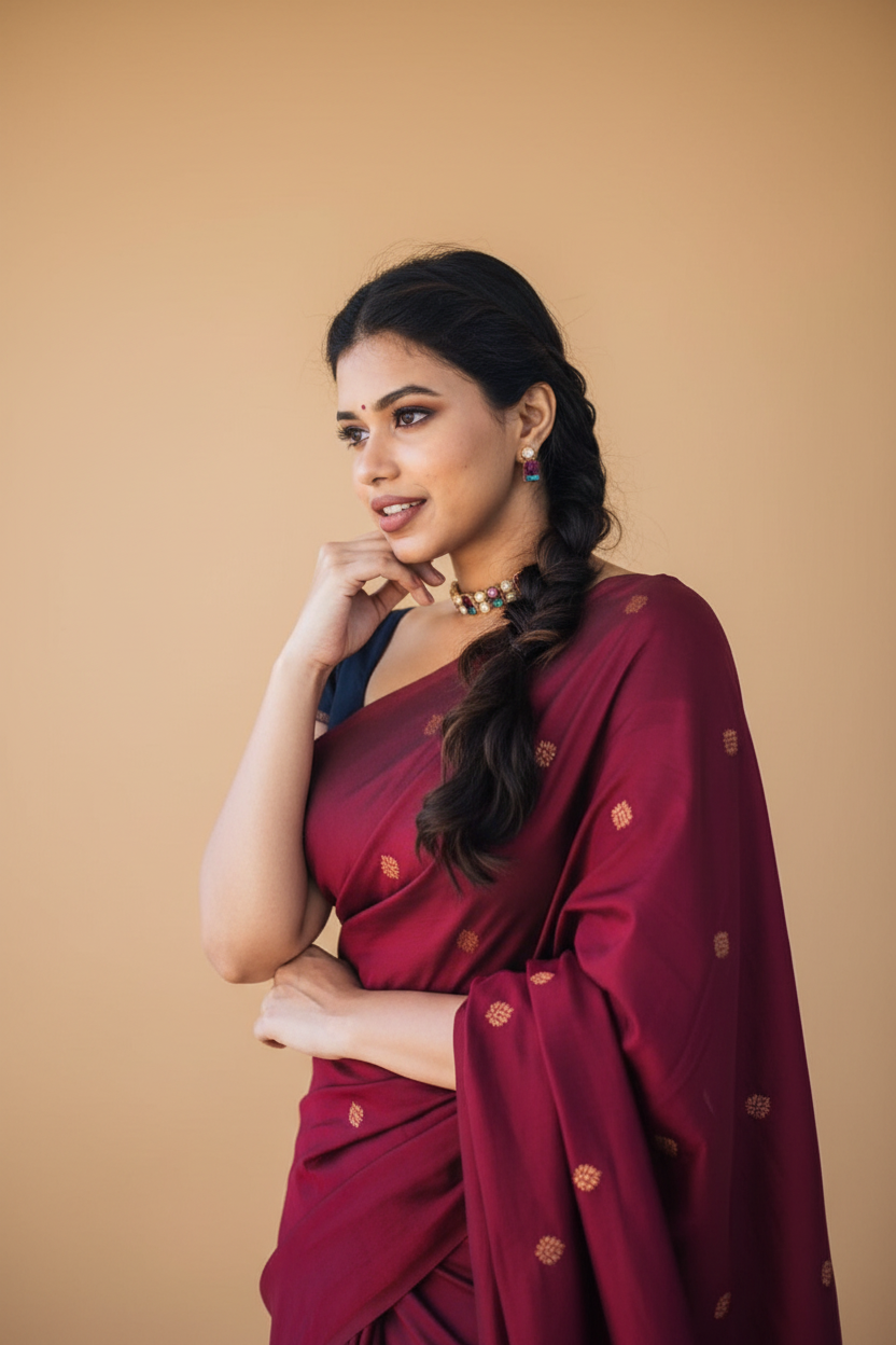Snuggle Spot Women's Litchi silk Printed Saree With Unstitched Blouse (Red)