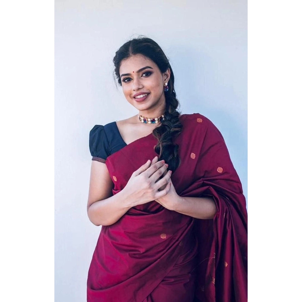 Snuggle Spot Women's Litchi silk Printed Saree With Unstitched Blouse (Red)