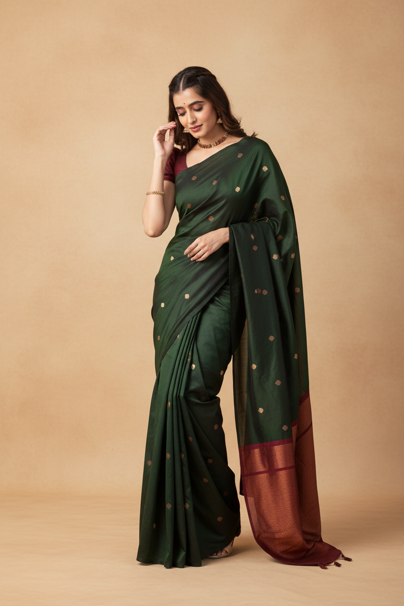 Snuggle Spot Women's Litchi silk Printed Saree With Unstitched Blouse (Dark Green)