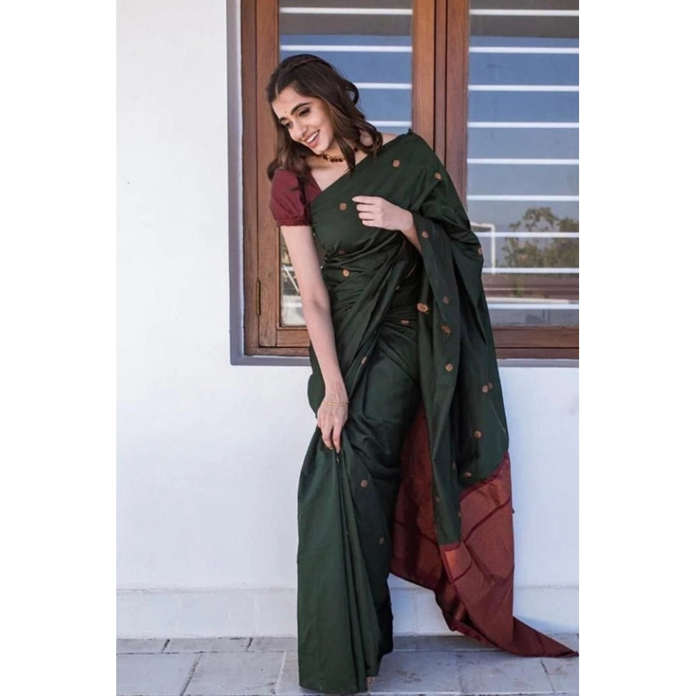 Snuggle Spot Women's Litchi silk Printed Saree With Unstitched Blouse (Dark Green)