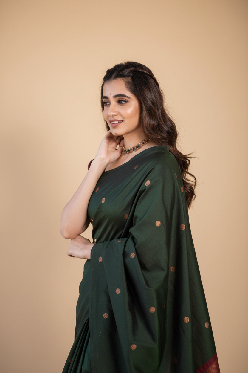 Snuggle Spot Women's Litchi silk Printed Saree With Unstitched Blouse (Dark Green)