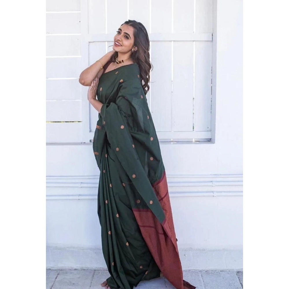 Snuggle Spot Women's Litchi silk Printed Saree With Unstitched Blouse (Dark Green)