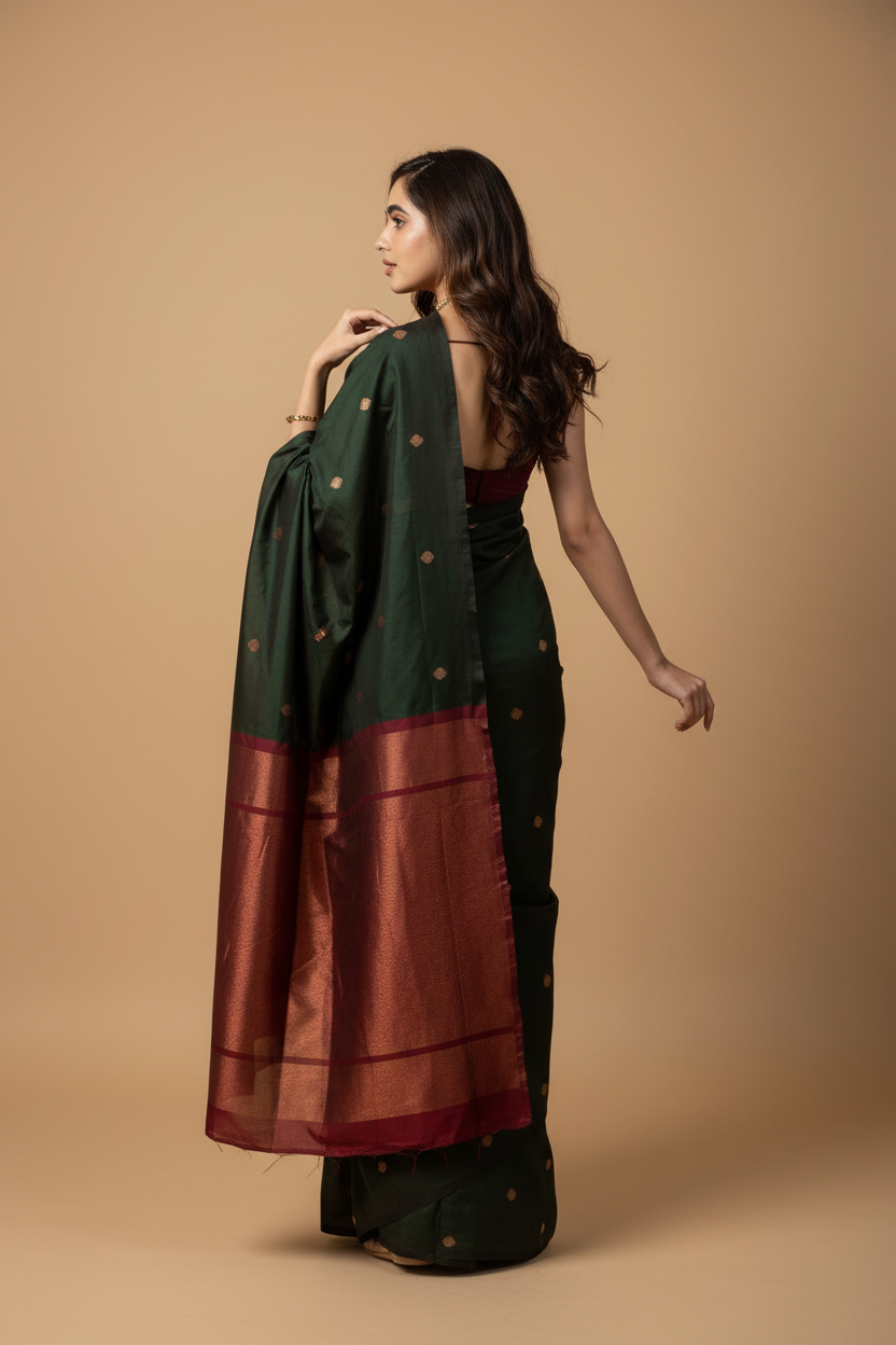 Snuggle Spot Women's Litchi silk Printed Saree With Unstitched Blouse (Dark Green)