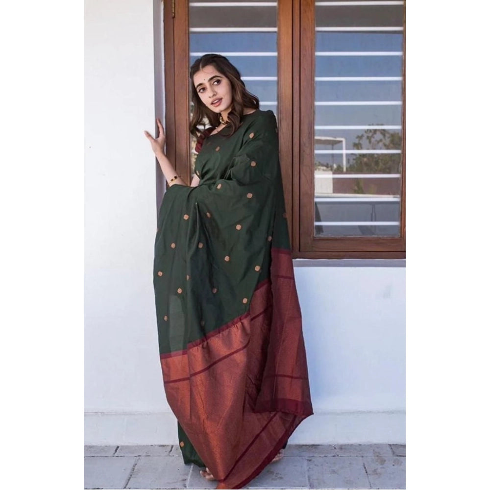 Snuggle Spot Women's Litchi silk Printed Saree With Unstitched Blouse (Dark Green)