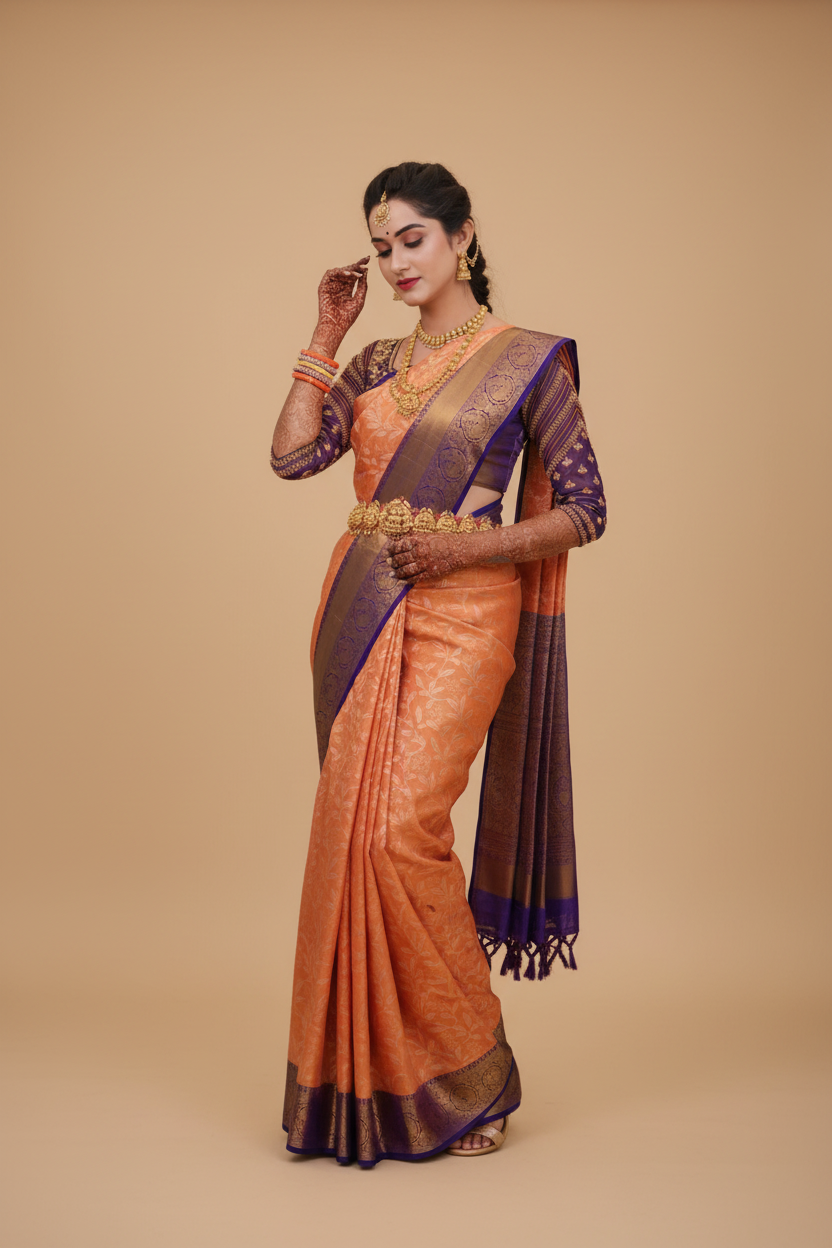 Snuggle Spot Women's Litchi silk Printed Saree With Unstitched Blouse (Orange)