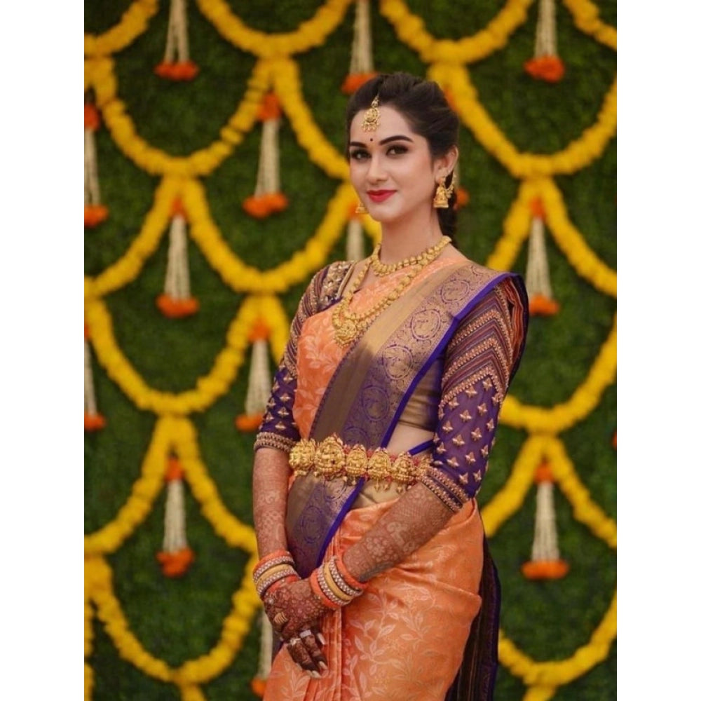 Snuggle Spot Women's Litchi silk Printed Saree With Unstitched Blouse (Orange)