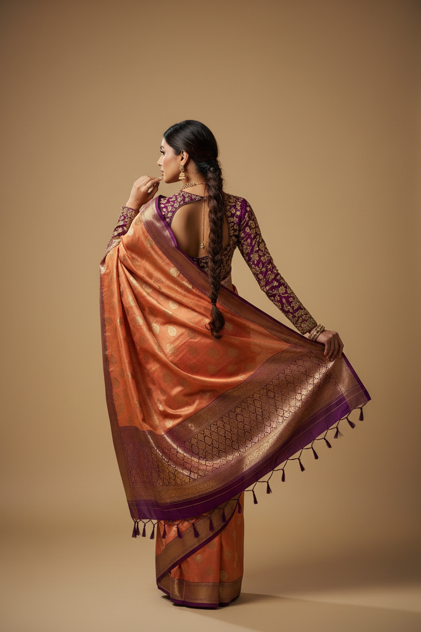 Snuggle Spot Women's Litchi silk Printed Saree With Unstitched Blouse (Orange)