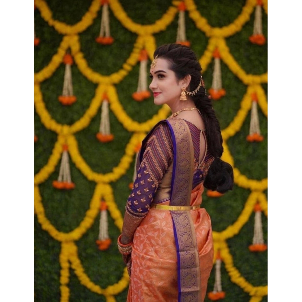 Snuggle Spot Women's Litchi silk Printed Saree With Unstitched Blouse (Orange)