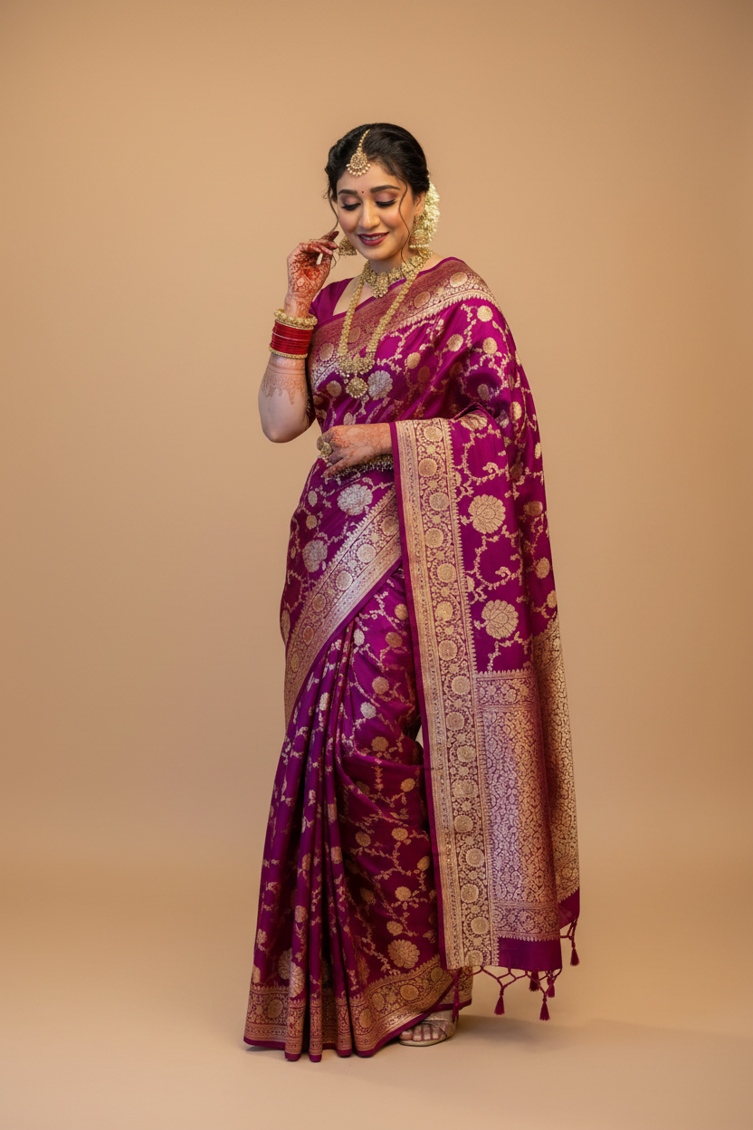 Snuggle Spot Women's Litchi silk Printed Saree With Unstitched Blouse (Magenta With pink)