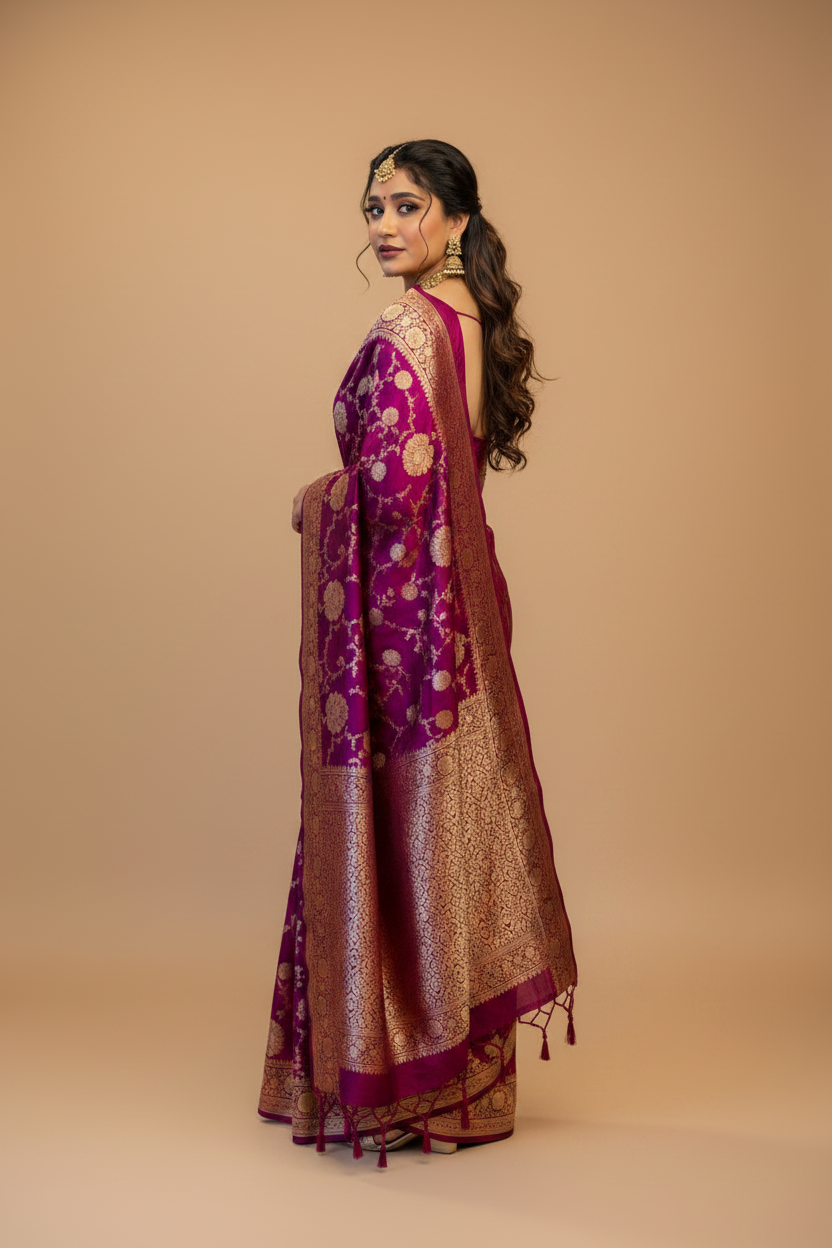 Snuggle Spot Women's Litchi silk Printed Saree With Unstitched Blouse (Magenta With pink)