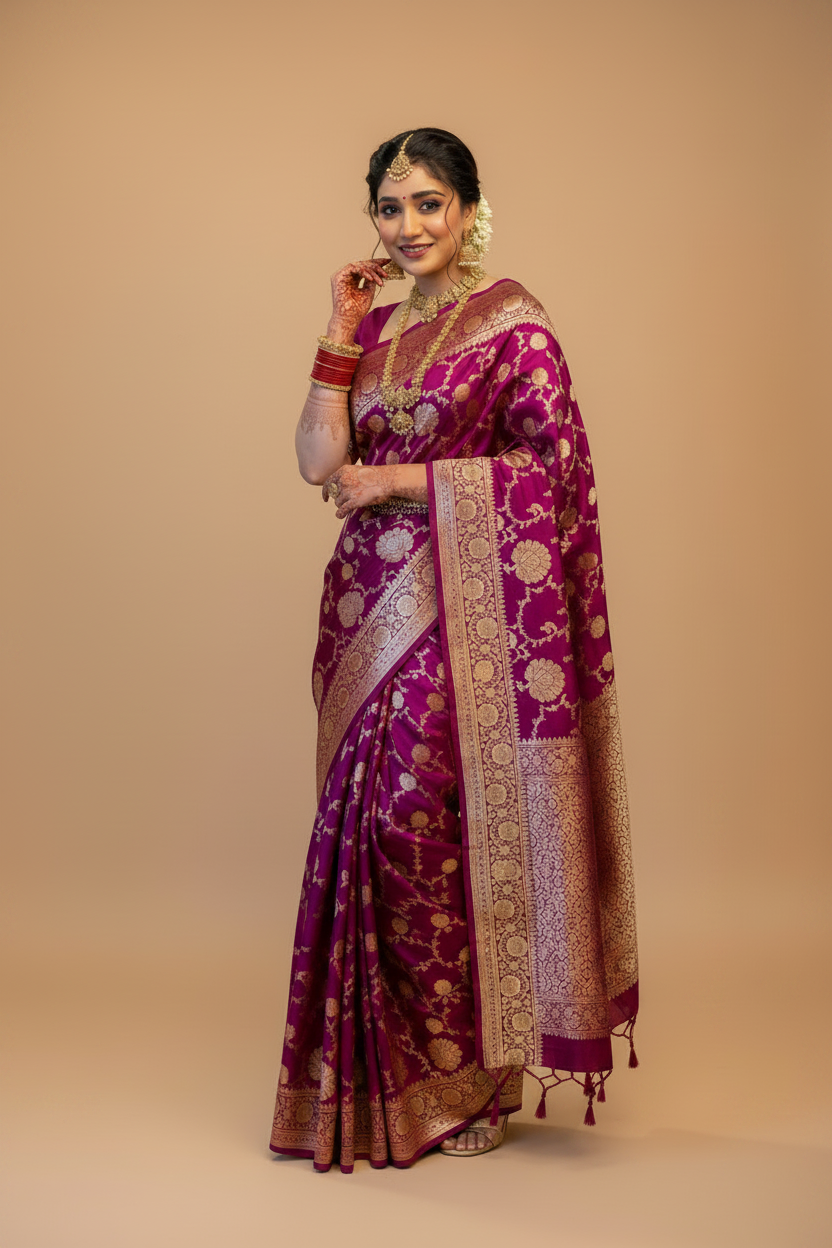 Snuggle Spot Women's Litchi silk Printed Saree With Unstitched Blouse (Magenta With pink)