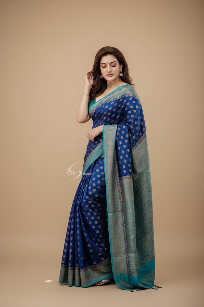 Snuggle Spot Women's Litchi silk Printed Saree With Unstitched Blouse (Navy Blue)