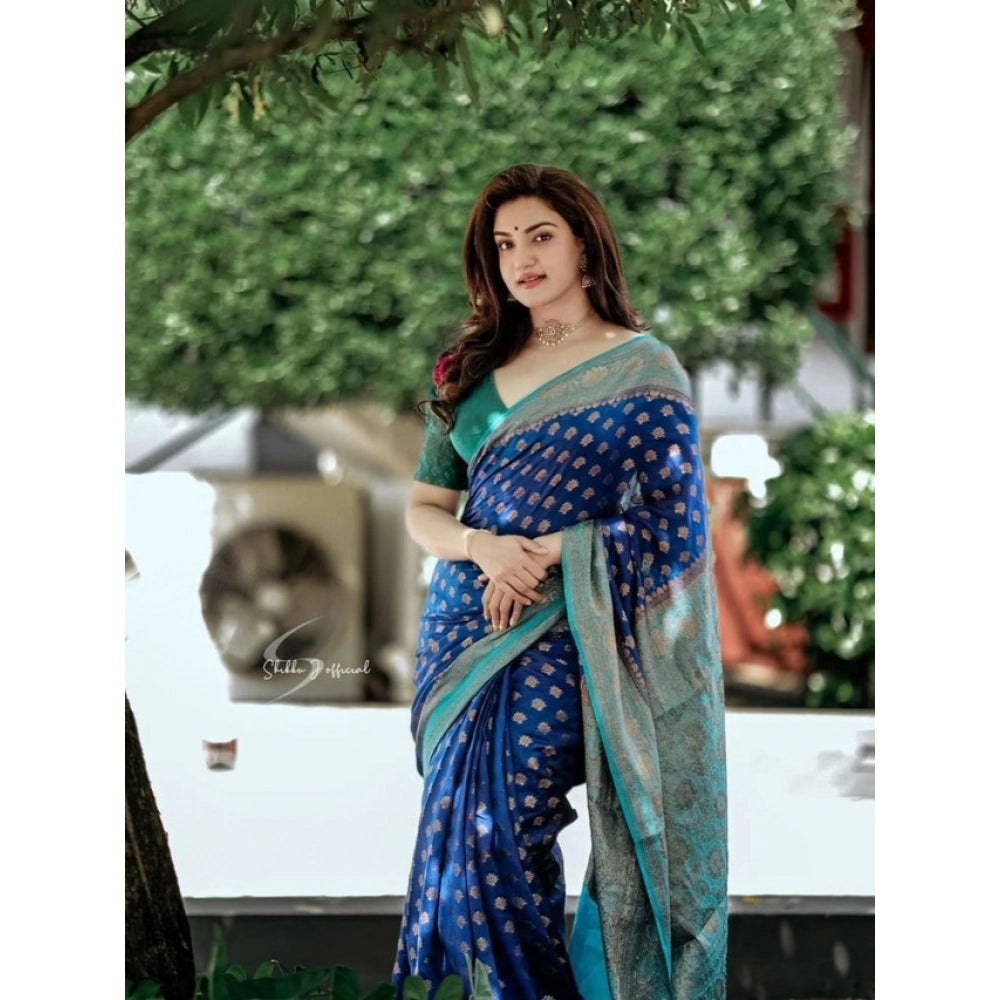 Snuggle Spot Women's Litchi silk Printed Saree With Unstitched Blouse (Navy Blue)