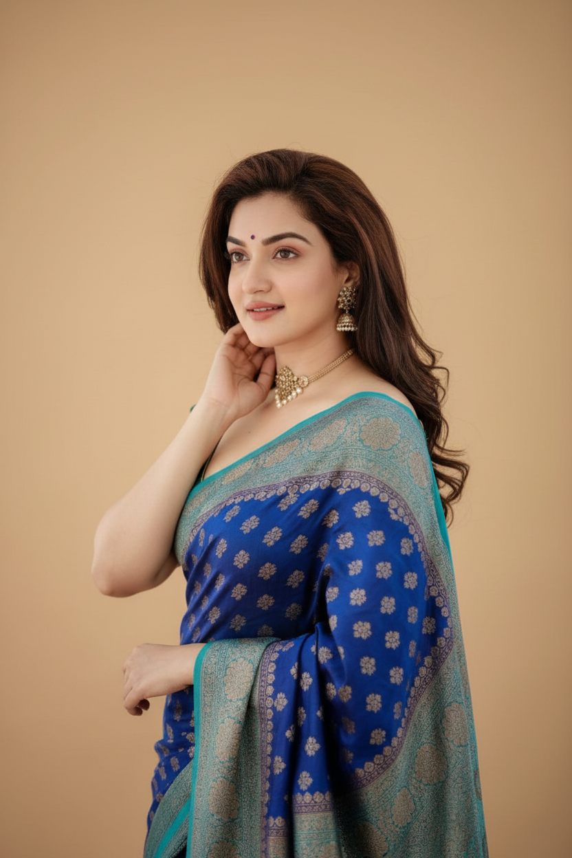 Snuggle Spot Women's Litchi silk Printed Saree With Unstitched Blouse (Navy Blue)
