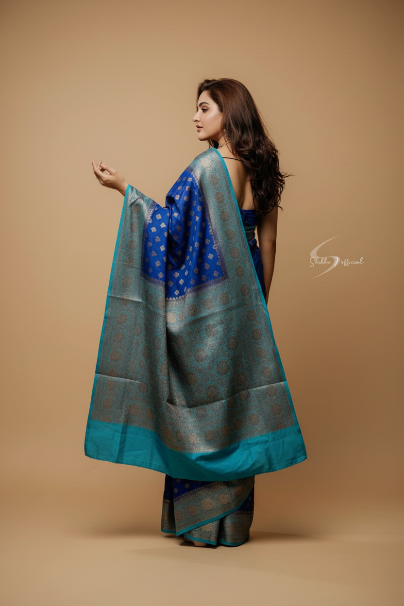 Snuggle Spot Women's Litchi silk Printed Saree With Unstitched Blouse (Navy Blue)