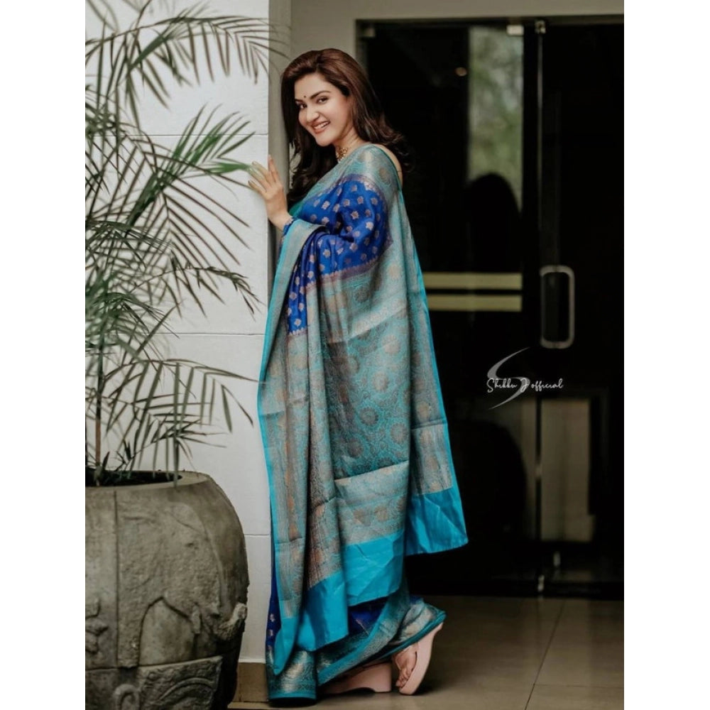 Snuggle Spot Women's Litchi silk Printed Saree With Unstitched Blouse (Navy Blue)