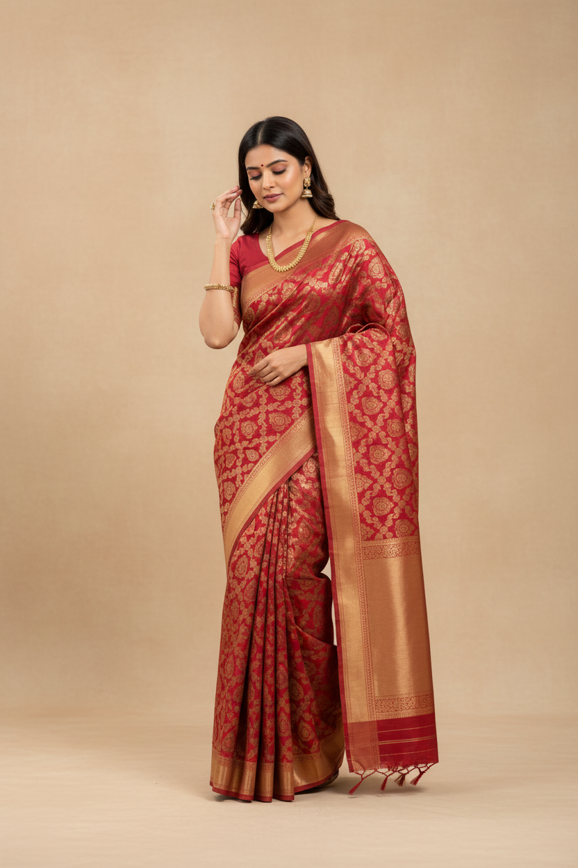 Snuggle Spot Women's Litchi silk Printed Saree With Unstitched Blouse (Red)