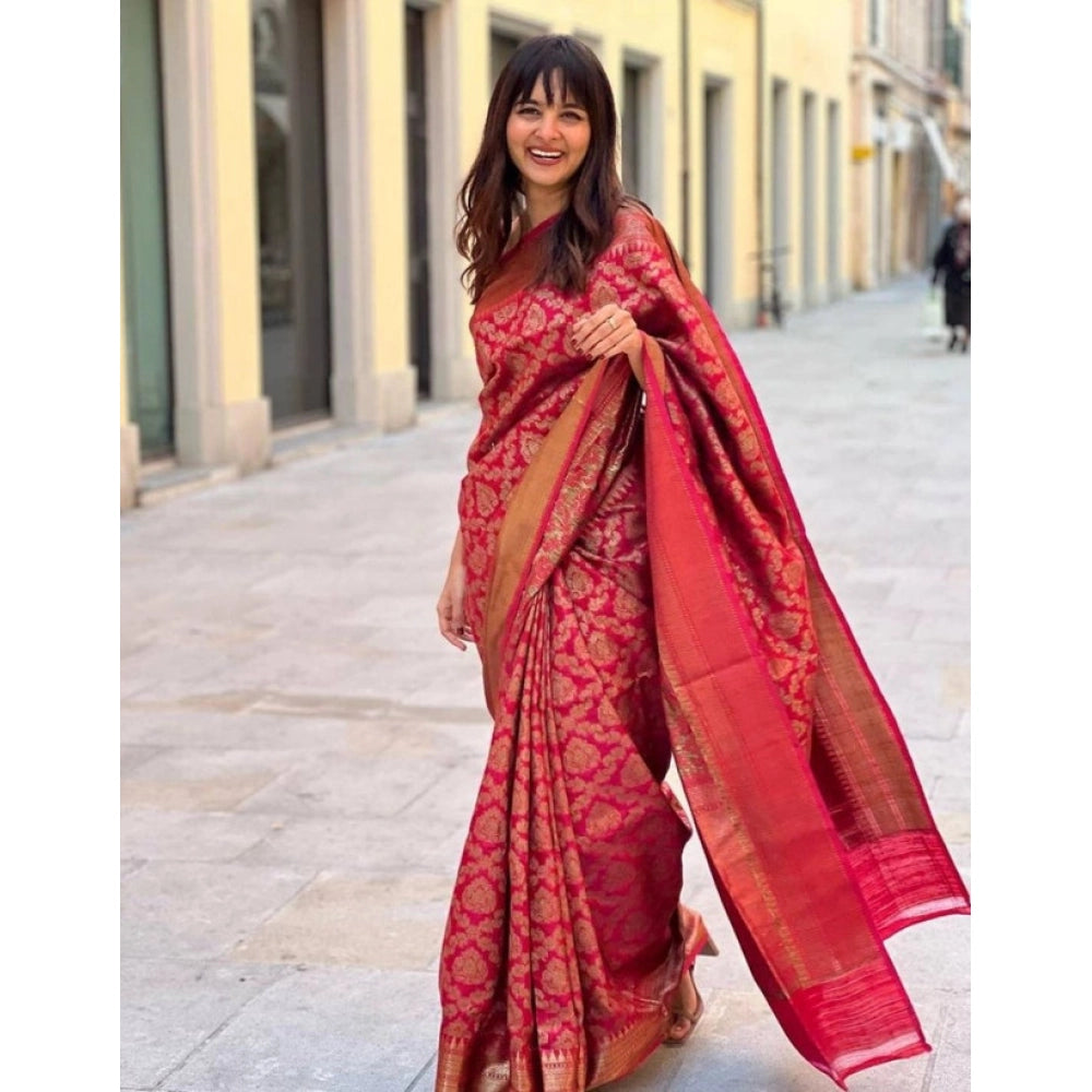 Snuggle Spot Women's Litchi silk Printed Saree With Unstitched Blouse (Red)