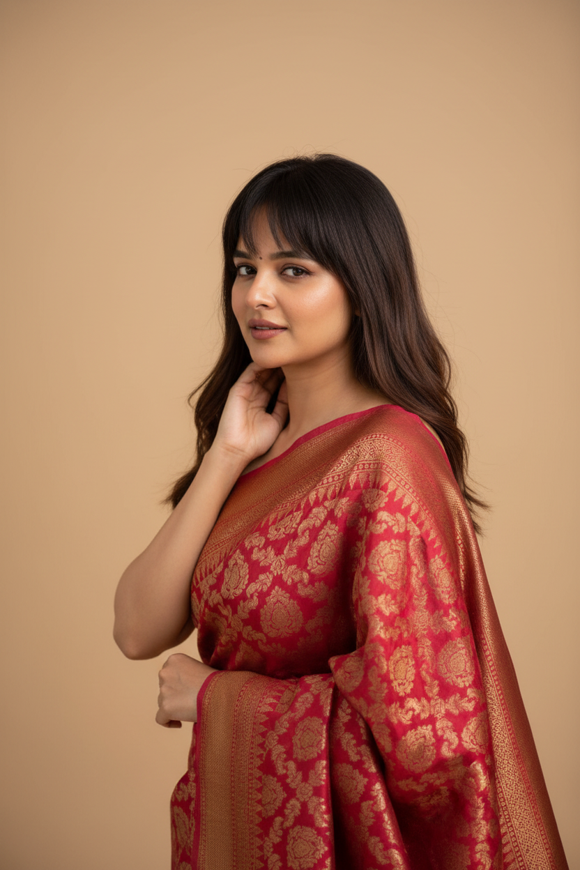 Snuggle Spot Women's Litchi silk Printed Saree With Unstitched Blouse (Red)