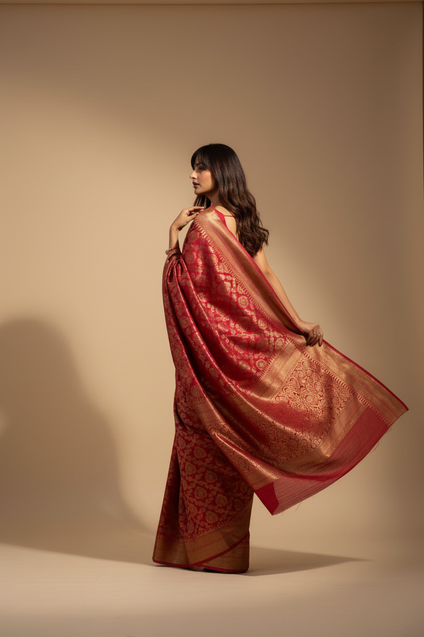 Snuggle Spot Women's Litchi silk Printed Saree With Unstitched Blouse (Red)