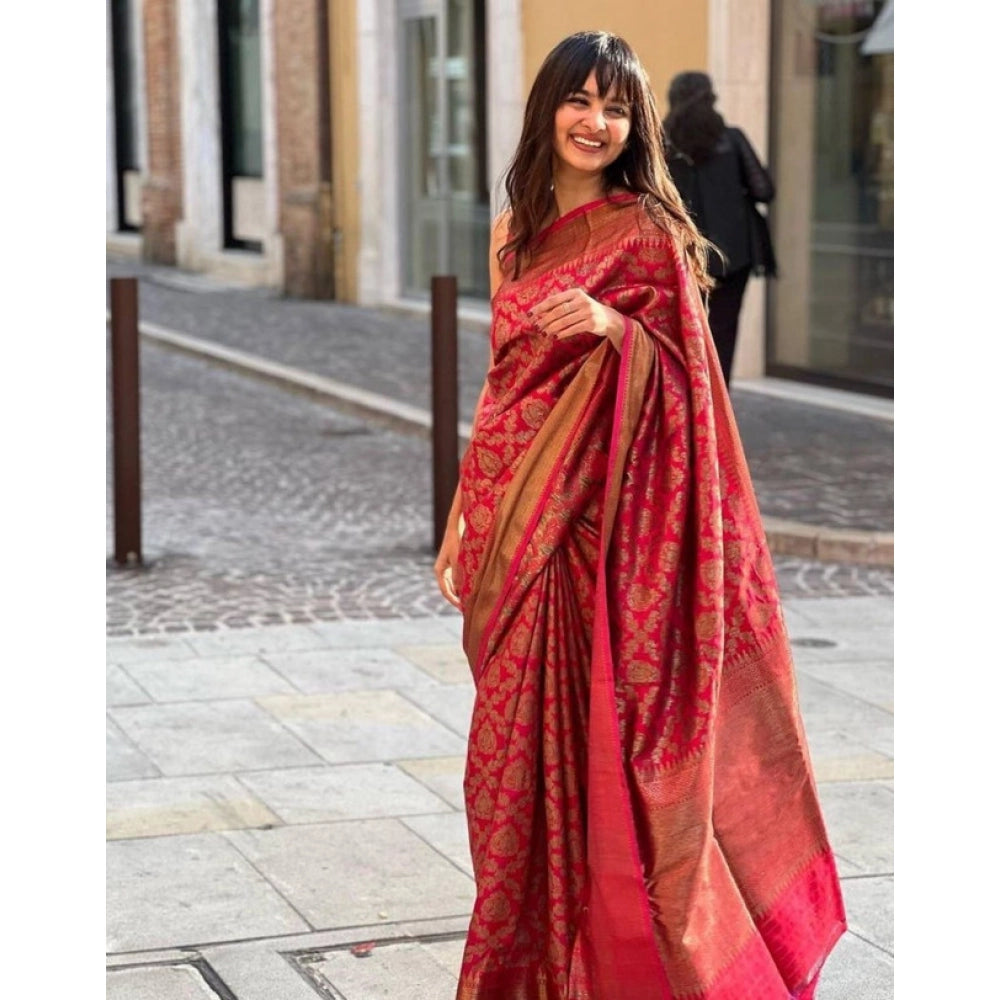 Snuggle Spot Women's Litchi silk Printed Saree With Unstitched Blouse (Red)