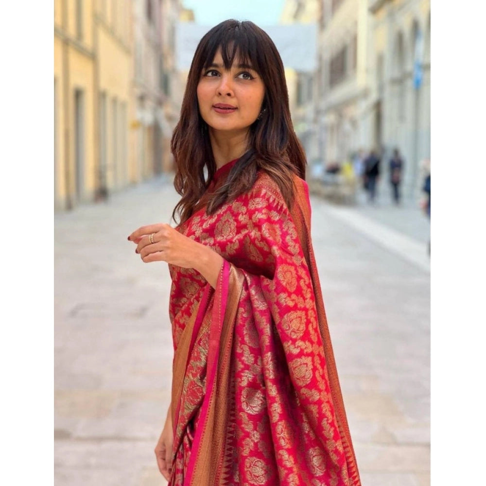 Snuggle Spot Women's Litchi silk Printed Saree With Unstitched Blouse (Red)