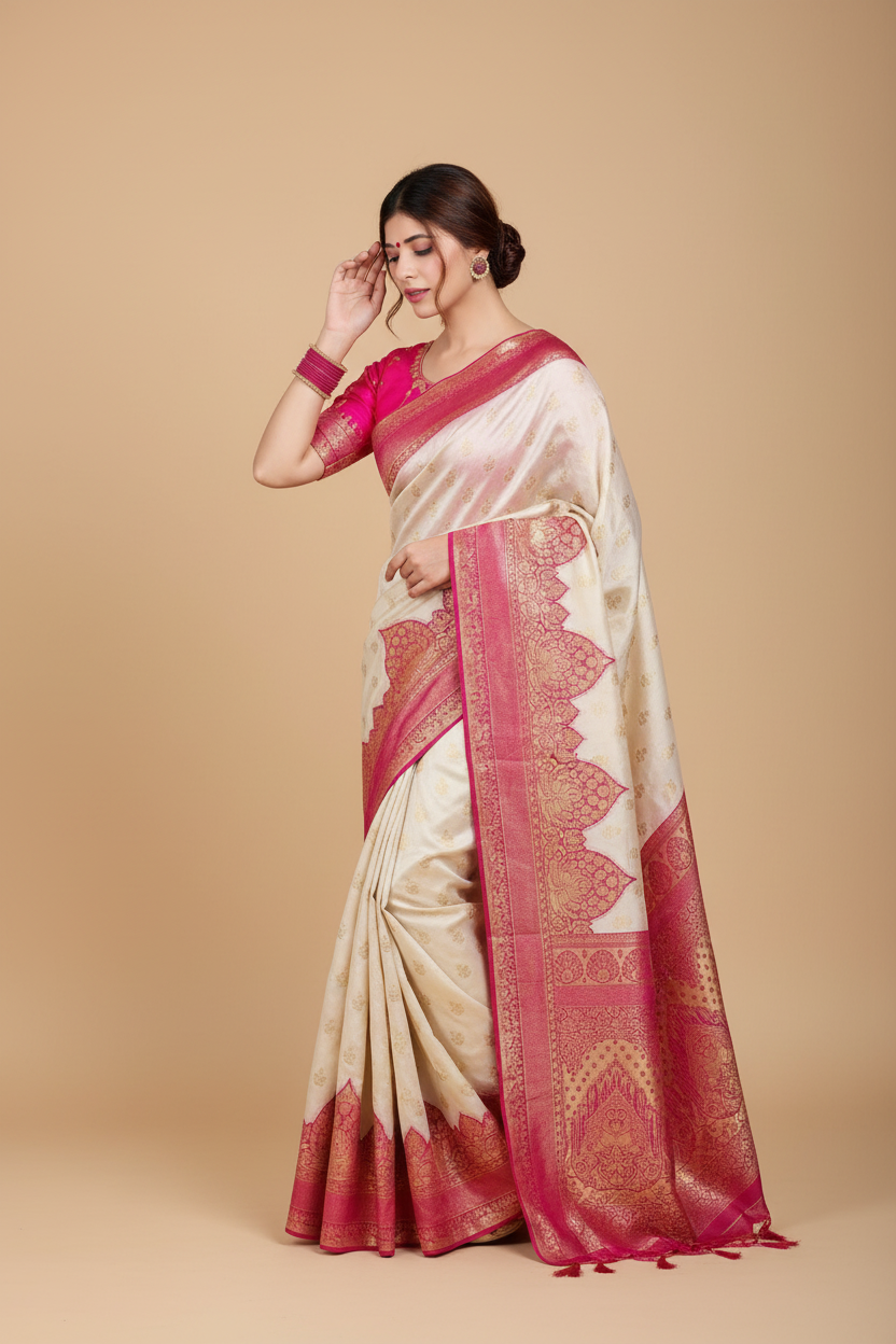 Snuggle Spot Women's Litchi silk Printed Saree With Unstitched Blouse (Half White)
