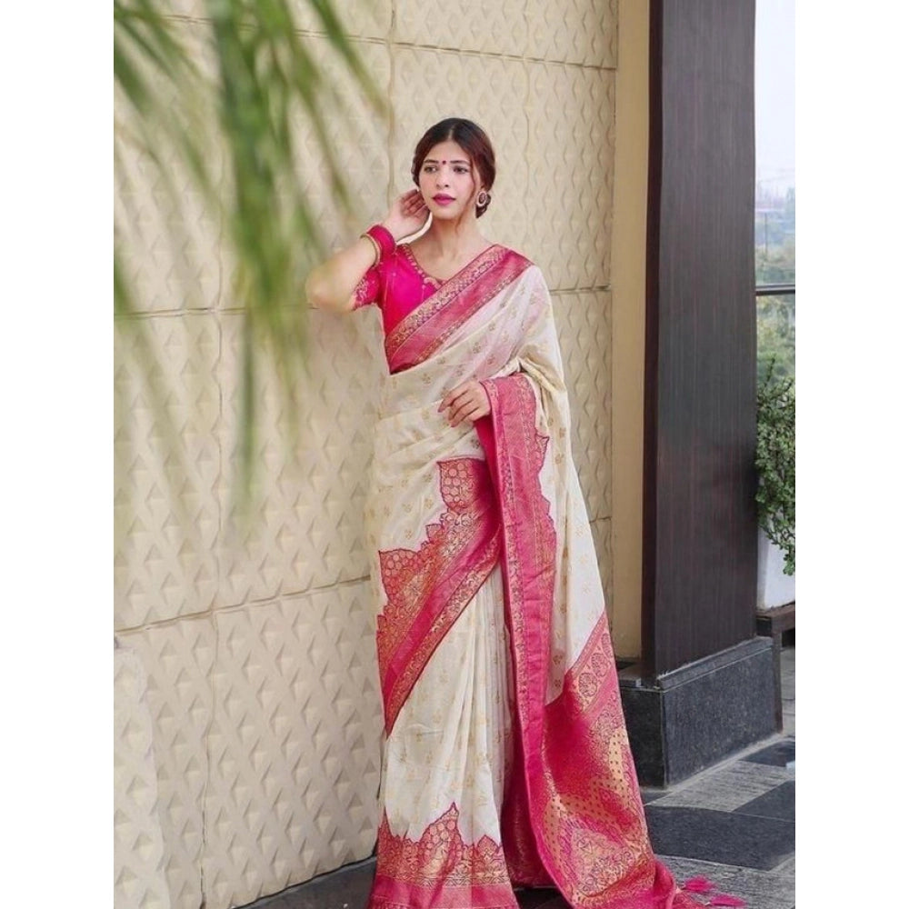 Snuggle Spot Women's Litchi silk Printed Saree With Unstitched Blouse (Half White)