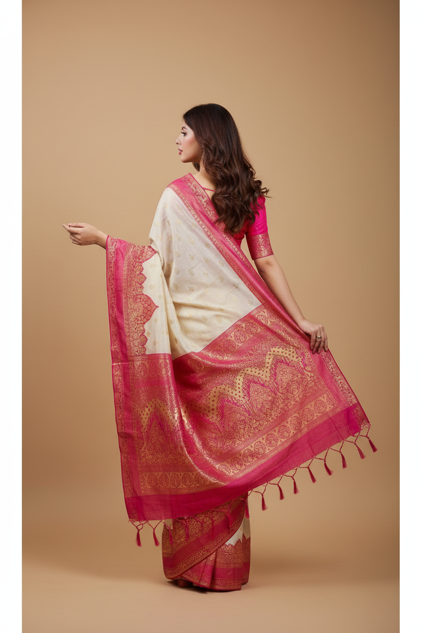 Snuggle Spot Women's Litchi silk Printed Saree With Unstitched Blouse (Half White)