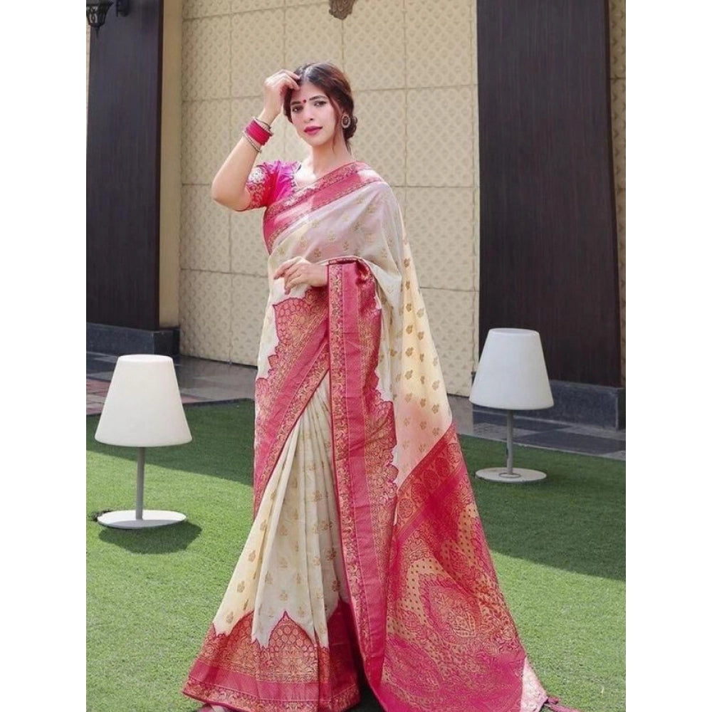 Snuggle Spot Women's Litchi silk Printed Saree With Unstitched Blouse (Half White)