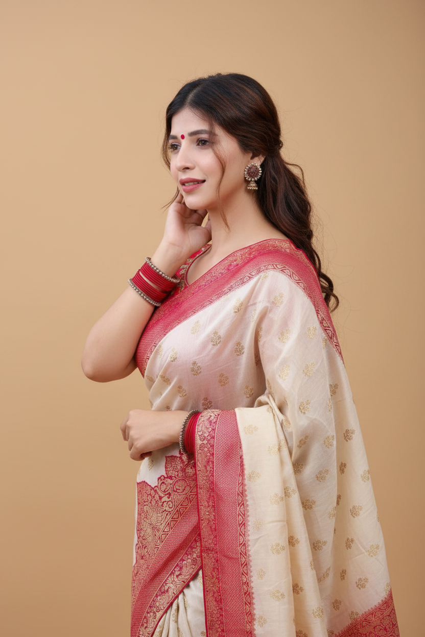 Snuggle Spot Women's Litchi silk Printed Saree With Unstitched Blouse (Half White)