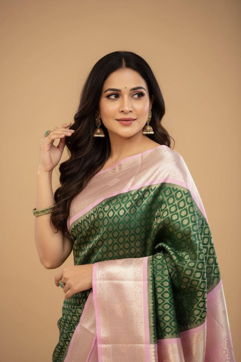 Snuggle Spot Women's Litchi silk Printed Saree With Unstitched Blouse (Green)