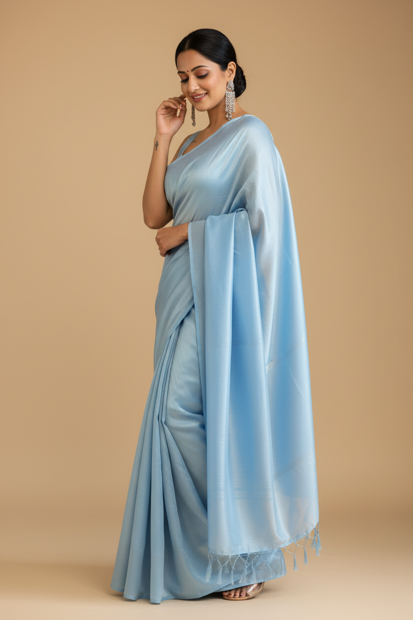 Snuggle Spot Women's Litchi silk Printed Saree With Unstitched Blouse (Light Blue)